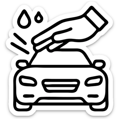 outlined icon of an elegant hand wearing a white glove on the hood of a high-end car, with water drops or shine, main color black, silver or white details, smooth motion lines suggesting cleaning, modern and clean style, no text sticker
