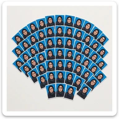 Create a fan-shaped collage with an increased number of passport size photos featuring an adult Pakistani woman in modest attire. Maintain the blue backgrounds behind each photo and place the entire collage on a clean white background. Remove any text from the image. sticker