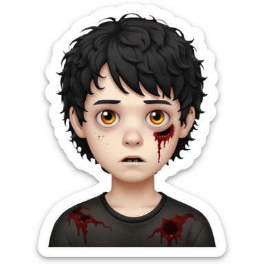 Boy, zombie, black curly wavy hair with bangs, short , round shaped hair, emo, dark, spooky, bored expression sticker