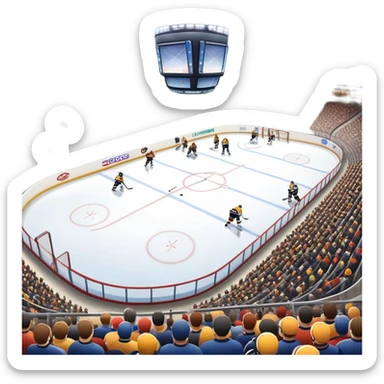 Please, make An icon featuring The background shows a packed stadium with cheering fans, bright arena lights, and an icy rink and close-up shots of key hockey equipment: a hockey stick, puck, and skates. Transparent background highlights the essentials of the game and the thrill of the sport. sticker