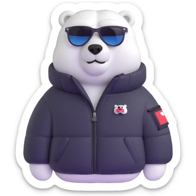 polar bear wearing a white puffer jacket and sunglasses  sticker