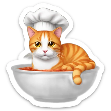 orange and white cat wearing chef hat cooking a bowl of eye stew sticker