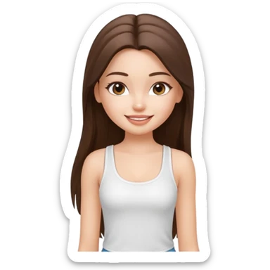 a pretty bratz fair girl with straight brunette long hair, middle partition. wearing a white thin strap trap tank top, smiling, wearing light makeup. very pretty. sticker