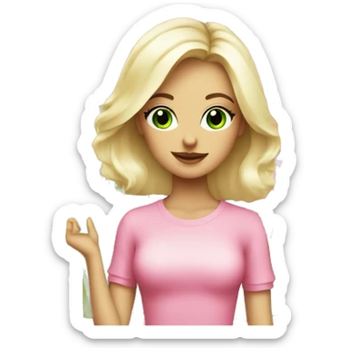 cute platinum blonde with green eyes surrounded by pink shopping bags sticker