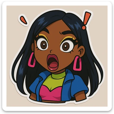 Change her expression to shocked, keep her as a 20-year-old anime Bratz style woman with dark skin, dark hair, bold colorful fashion-forward look, big expressive eyes, and glossy lips. sticker