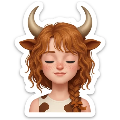curly woman with freckles with messy light brown bangs covering the eyes with cow horns and cow brown ears with ribbon in her hair sticker