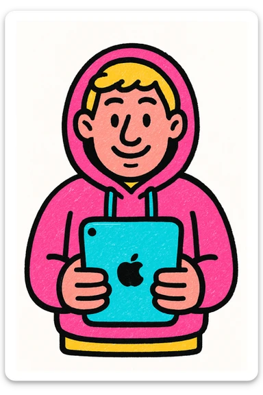 a man in a hoodie, holding an iPad, vibrant digital art, pop colors style sticker