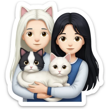 A young boy and a girl with long black hair holding a white long-haired cat sticker