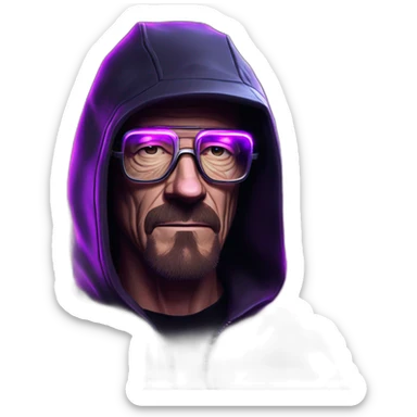 Walter White wearing a black hoodie with "OMG" letters on it and VR headset in a cyberpunk VR environment with violet neon lighting. sticker
