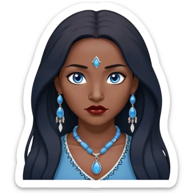 woman katara native american blue eyes dark skin freckles dark black long hair reddish lipstick necklace with sapphire pendant sticker