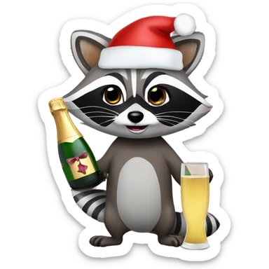 raccoon with christmas hat and bottle of champagne  sticker