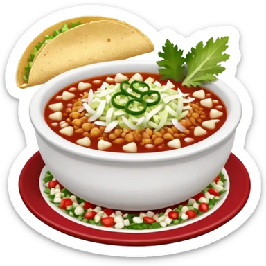 A delicious hot bowl of pozole rojo emoji. Steam rising. Hominy visible. Place the sides next to the bowl: chopped onions, shredded cabbage, lime wedges, red chile de arbol salsa, and full round tostadas sticker