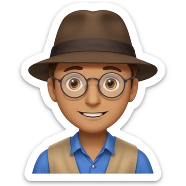 A man with sharp and thin face, brown round glasses, a brown hat and a brown costume with beige chemise (shoulders only), with blue eyes and a large smile on his face and menacing eyes. sticker