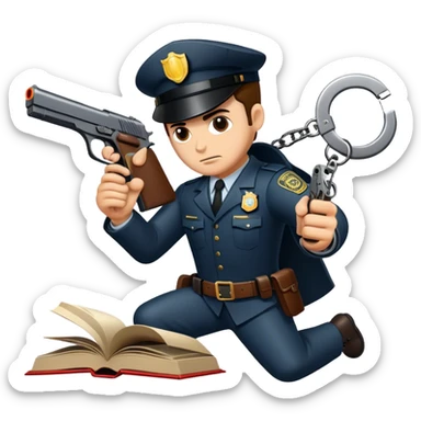 Icon for Action & Crime Reading: an open book with dramatic action scenes, surrounded by a gun, handcuffs, a badge, and a shadowy figure. The icon should evoke suspense, danger, and intrigue of crime and action stories. Transparent background. sticker