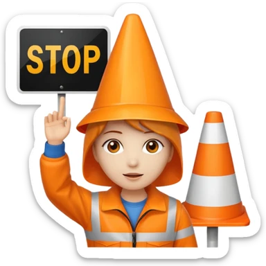 orange traffic cone with three legs dancing with sign in his hand saying “stop ai” sticker