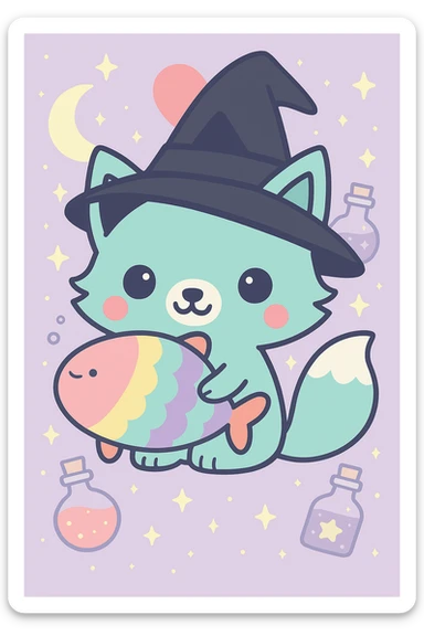 Add a classic black witch hat to the blue fox, keep the magical, witchy background and big pink heart, in kawaii cartoon style. sticker