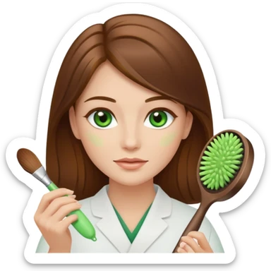 Brown haired, long hair, green eyed aesthetician, holding a facial brush sticker