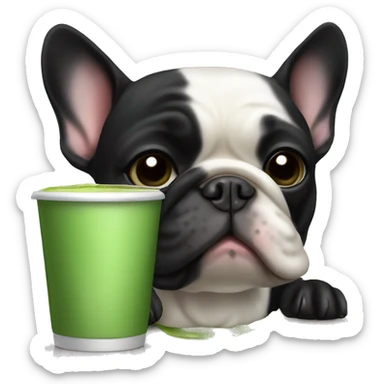 Black French bulldog drinking matcha tea sticker