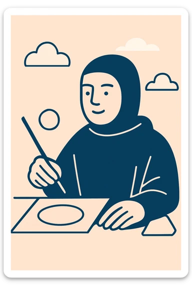 Remove the geometric shapes in the top left of the image to the left of the person drawing. Keep only the person and the drawing elements. Render in a navy flat minimalist style with clean, simple shapes and minimal detail. sticker
