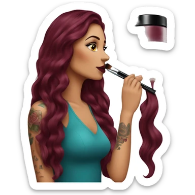 Beautiful tattooed burgundy long haired woman doing her makeup sticker