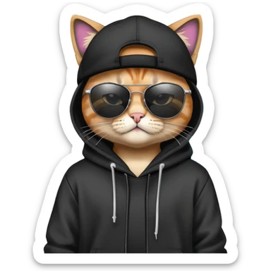 cat wearing a black snapback cap and black hoodie, with black sunglasses positioned low on his nose, looking directly at the viewer over the top of his sunglasses with a cool expression, doing graffiti with spray paint sticker