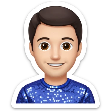 Jeff McCracken with dark brown hair, periwinkle sequin outfit sticker