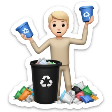 give me a white stickman and a black trash can and trash and make the man throw some trash can and make the background black  sticker