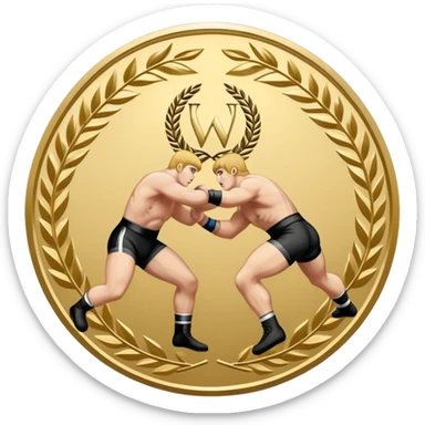 An icon symbolizing wrestling combat sports in the style of an emblem. The design features two wrestlers locked in a powerful grapple, one attempting to take the other down. Surrounding the scene are stylized elements like a championship belt, wrestling mat, and a laurel wreath. Transparent background sticker