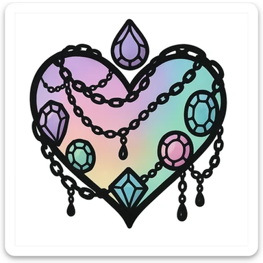 pastel goth heart with pastel gems and black chains, pastel rainbow and black, whimsical gothic style sticker