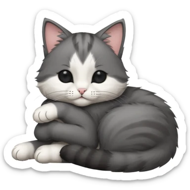 dark grey and white small cat with his eyes closed, leaning his head on his paw while leaning on his elbow lying down sticker