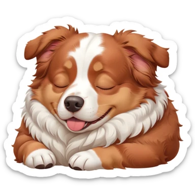 Cinematic Meme-Worthy Chubby Sleeping Red and White Merle Australian Shepherd Portrait Emoji, Head resting peacefully with a contented smile, showcasing a delightfully chubby build and a luxuriously soft red and white merle coat, eyes shut in a serene nap, Simplified yet hilariously adorable features, highly detailed, glowing with a soft, drowsy light, high shine, relaxed and utterly lovable, stylized with an air of playful laziness, bright and heartwarming, soft glowing outline, capturing the essence of a comically sleepy Red and White Merle Australian Shepherd, so meme-worthy it feels like it could instantly become the next viral sensation of adorable slumber! sticker