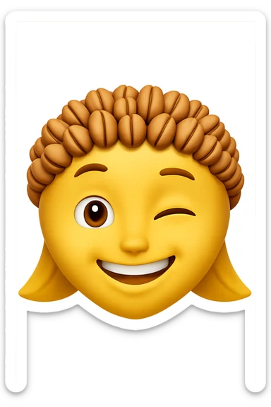 Edit the yellow iMessage-style face emoji to make it wink with one eye, keep the smile and the nuts on its chin as they are. Maintain the original style and colors of the emoji. sticker