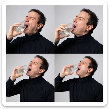 Create 2 vertical photos in 2:3 aspect ratio of a man quickly drinking a liter of water, inspired by the person in the reference image. Each photo should show a different phase of the action. Use a realistic style with a neutral background. sticker