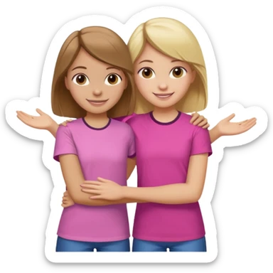 Two Girls with their arms around each other at summer camp one blonde one brown hair brown hair wearing pink shirt sticker