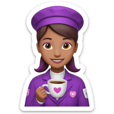 Create 3D minimalist emoji in the style of Coffee Lover — a coffee shop and roastery brand.
Style: cozy, warm.
Colors — purple-pink range.
barista with coffee
on the form it says Coffee Lover sticker