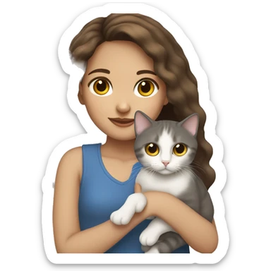 Girl with brown hair and Light skin holding a British blue point cat  sticker