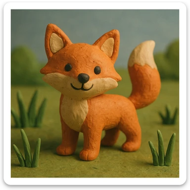 fox with a bushy tail, standing alert, cheerful and cute, in a grassy meadow, claymation style sticker