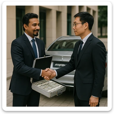A light-skinned Indian man with a goatee shaking hands with a Chinese man, the Indian man is giving the Chinese man money in a briefcase, and there is an AMG car behind the Indian man. sticker