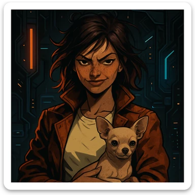 Portrait of a woman with tanned skin and subtle freckles, wearing a shirt in color #FFF8CA and a rust-colored jacket. She has medium-length brown hair with auburn highlights, a rebellious and playful expression. Futuristic style illustration featuring her holding a beige-brown chihuahua. The background is dark with high-tech elements, metallic colors, and neon lights. sticker