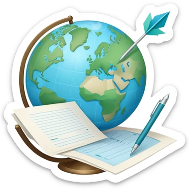Create an emoji representing language translation. The design should feature a globe in the background, symbolizing international communication. In front of the globe, place two books or sheets of paper with texs on them and a pen nearby to indicate the act of writing. Add two simboloic arrows pointing in opposite directions between the sheets to represent the translation process. Use a clean and professional color palette with blues, greens, and neutral tones. Make the background transparent. sticker