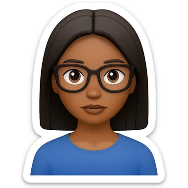 Add glasses to the black woman with straight hair in the emoji style, keeping the background transparent. The original style is emoji, which does not support text editing, so use the general style editor to maintain the emoji look while adding glasses. sticker