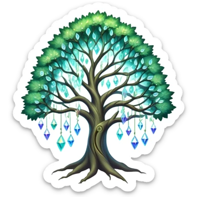 Spiritual magical ethereal tree with iridescent crystals hanging in it sticker