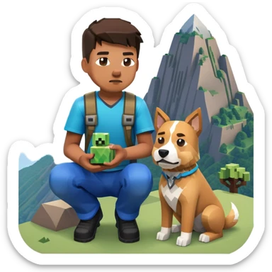 A bloxd Player Named Alex In a mountain kneeled down with a minecraft pet dog  sticker