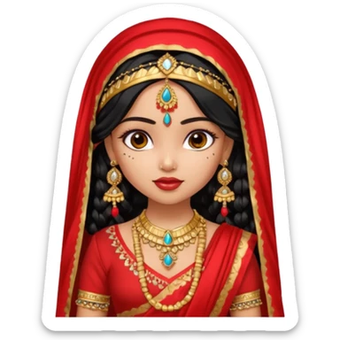 a pretty bratz fair indian girl wearing a red indian wedding outfit with dupatta on head,  golden jewellery, black wavy hair sticker