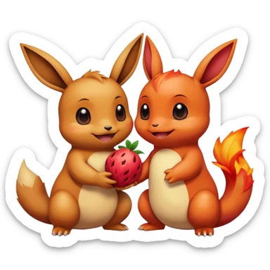 Eevee and Charmander sitting side by side, happily sharing a big fruit together. Both look joyful and friendly, drawn in a playful emoji-like cartoon style. sticker