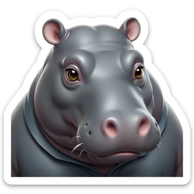 Cinematic Noble Hippo Portrait Emoji, Poised and regal, with a massive, robust build and a smooth, well-groomed slate-gray hide, deep-set soulful eyes, Simplified yet sharp and sophisticated features, highly detailed, glowing with a soft, dignified glow, high shine, intelligent and calm, stylized with an air of riverine majesty, focused and attentive, soft glowing outline, capturing the essence of a watchful and confident water-dweller, so majestic it feels as though it could lumber out of the screen with effortless authority! sticker