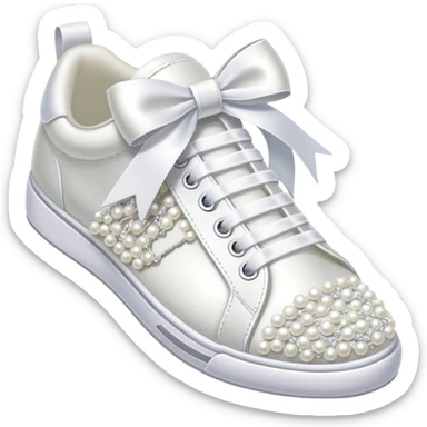 Pearl-encrusted white bridal tennis shoes with ribbon laces tied in a bow sticker