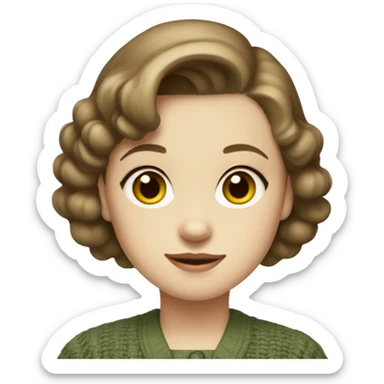 Very young girl with pale skin, straight, warm brown, short hair, a brown 1940s dress with an earthy green cardigan sticker