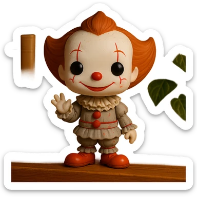 Make this Pennywise clown look like a friendly toy with a toy-like appearance, very minimal blood, cute and playful features, keep the background transparent. sticker