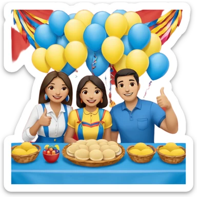 party table decorated with red blue and yellow colors, including a backdrops, balloons arch, streamers and more. On the table are intricate displays of colombian arepas, and baskets of money. In the forefront is a woman and man in simple clothing, big smiles and big thumbs up sticker